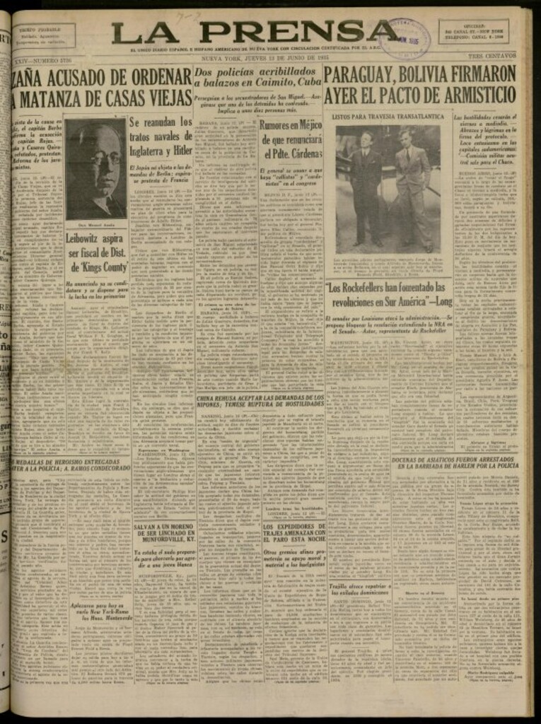 Miniatura de La Prensa: único diario español e hispano americano en Nueva York del 13 de junio de 1935, nº 5736