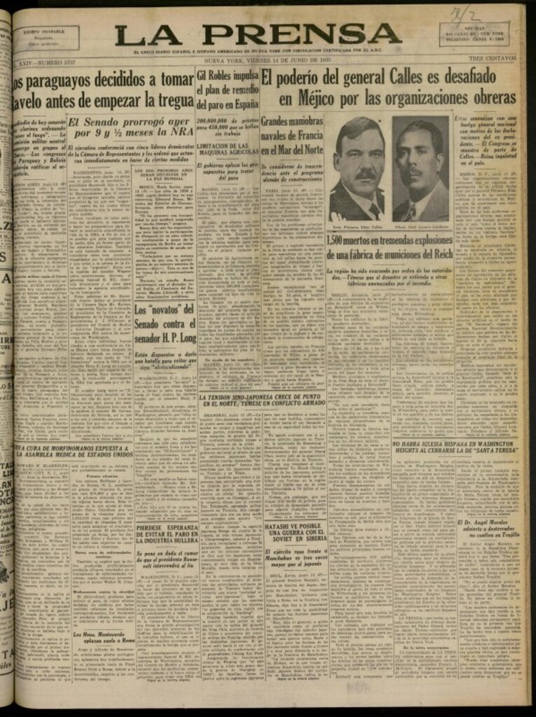 Miniatura de La Prensa: único diario español e hispano americano en Nueva York del 14 de junio de 1935, nº 5737