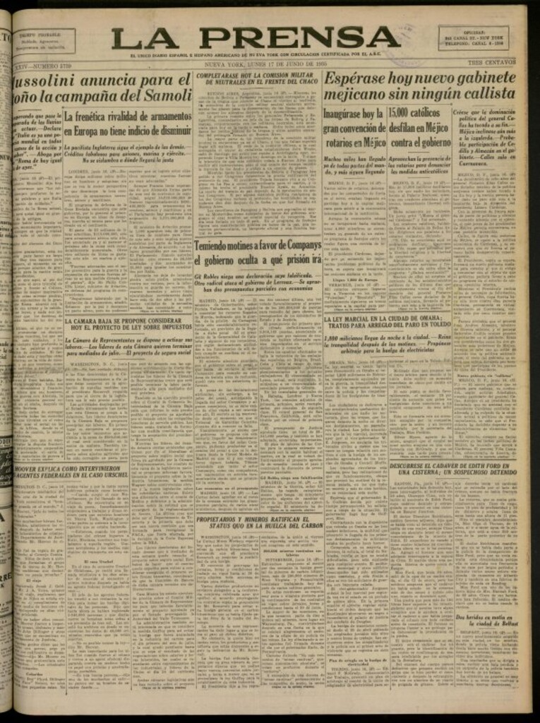 Miniatura de La Prensa: único diario español e hispano americano en Nueva York del 17 de junio de 1935, nº 5739