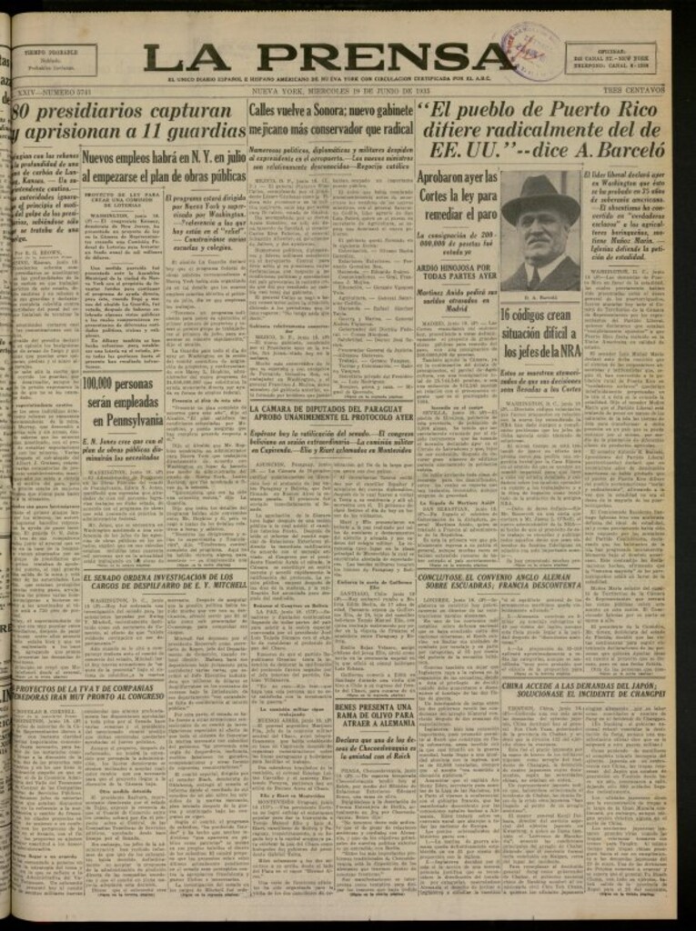 Miniatura de La Prensa: único diario español e hispano americano en Nueva York del 19 de junio de 1935, nº 5741