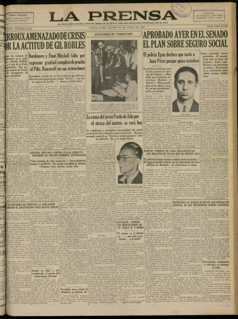 Miniatura de La Prensa: único diario español e hispano americano en Nueva York del 20 de junio de 1935, nº 5742