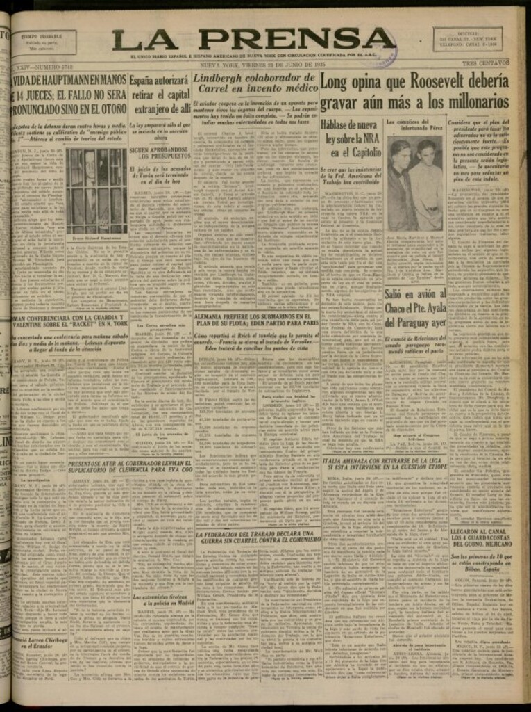 Miniatura de La Prensa: único diario español e hispano americano en Nueva York del 21 de junio de 1935, nº 5743