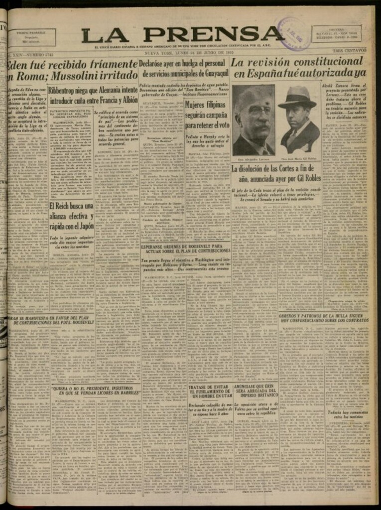 Miniatura de La Prensa: único diario español e hispano americano en Nueva York del 24 de junio de 1935, nº 5745