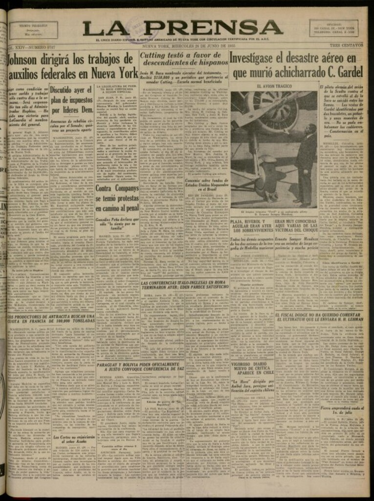 Miniatura de La Prensa: único diario español e hispano americano en Nueva York del 26 de junio de 1935, nº 5747