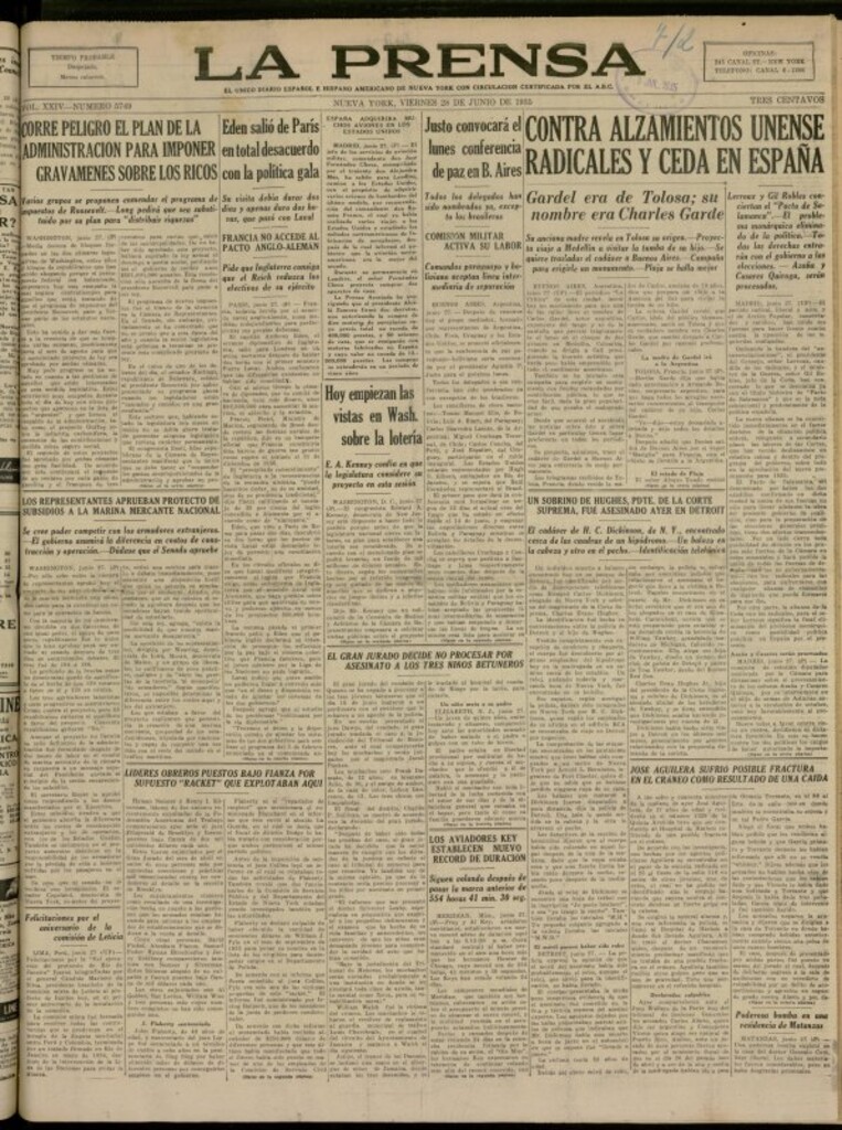 Miniatura de La Prensa: único diario español e hispano americano en Nueva York del 28 de junio de 1935, nº 5749