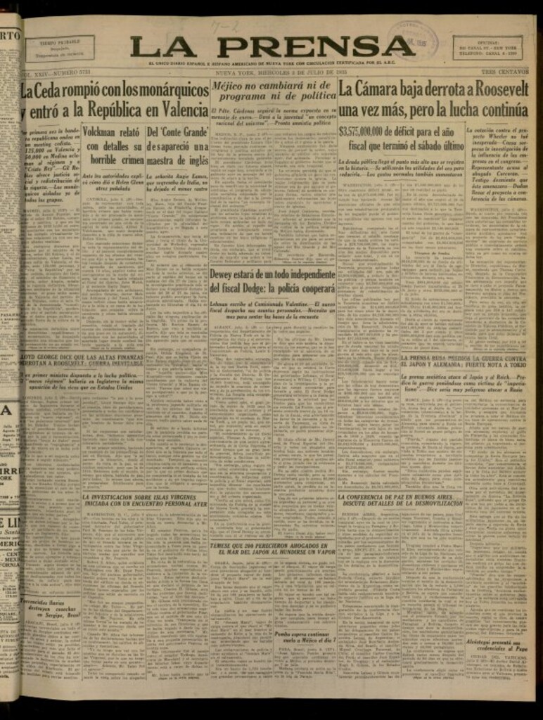 Miniatura de La Prensa: único diario español e hispano americano en Nueva York del 3 de julio de 1935, nº 5753