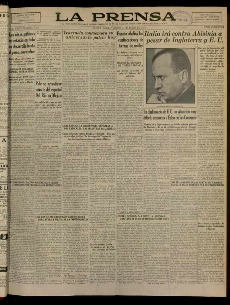Miniatura de La Prensa: único diario español e hispano americano en Nueva York del 5 de julio de 1935, nº 5755