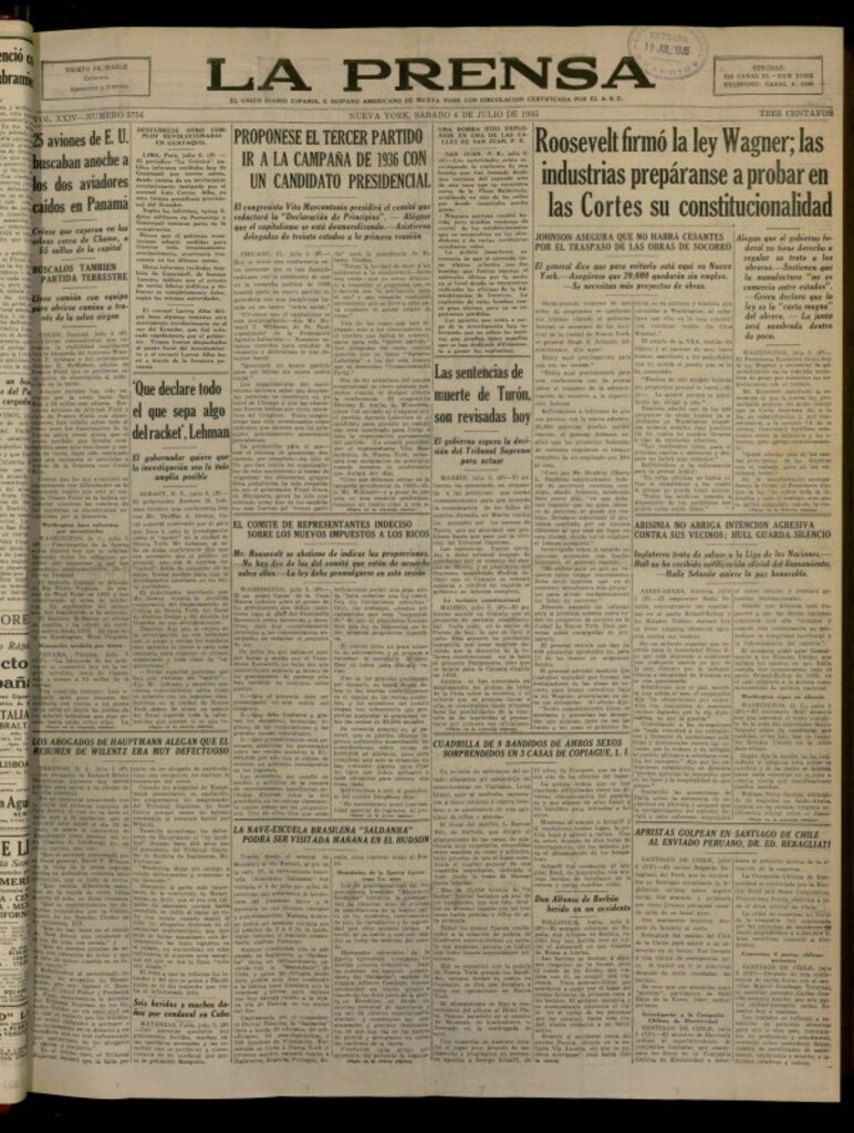 Miniatura de La Prensa: único diario español e hispano americano en Nueva York del 6 de julio de 1935, nº 5756