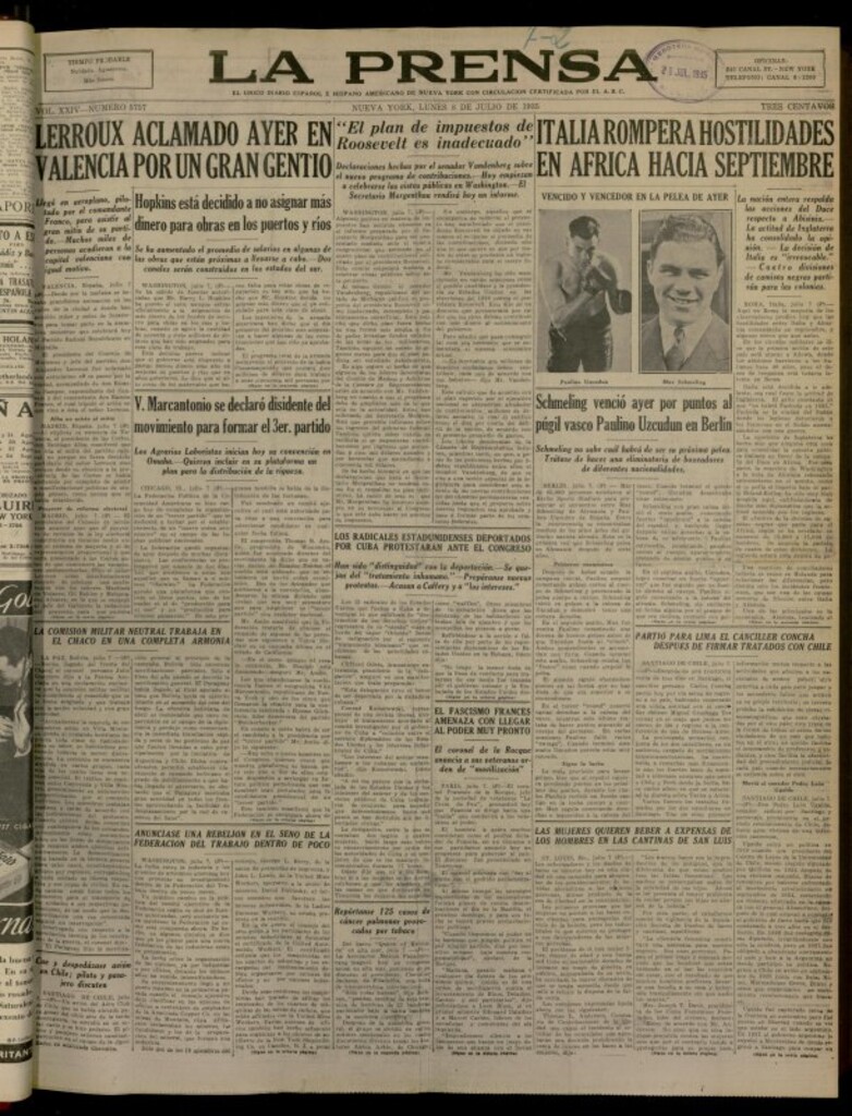 Miniatura de La Prensa: único diario español e hispano americano en Nueva York del 8 de julio de 1935, nº 5757