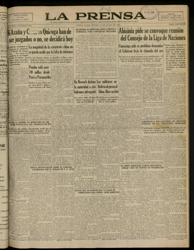 Miniatura de La Prensa: único diario español e hispano americano en Nueva York del 11 de julio de 1935, nº 5760