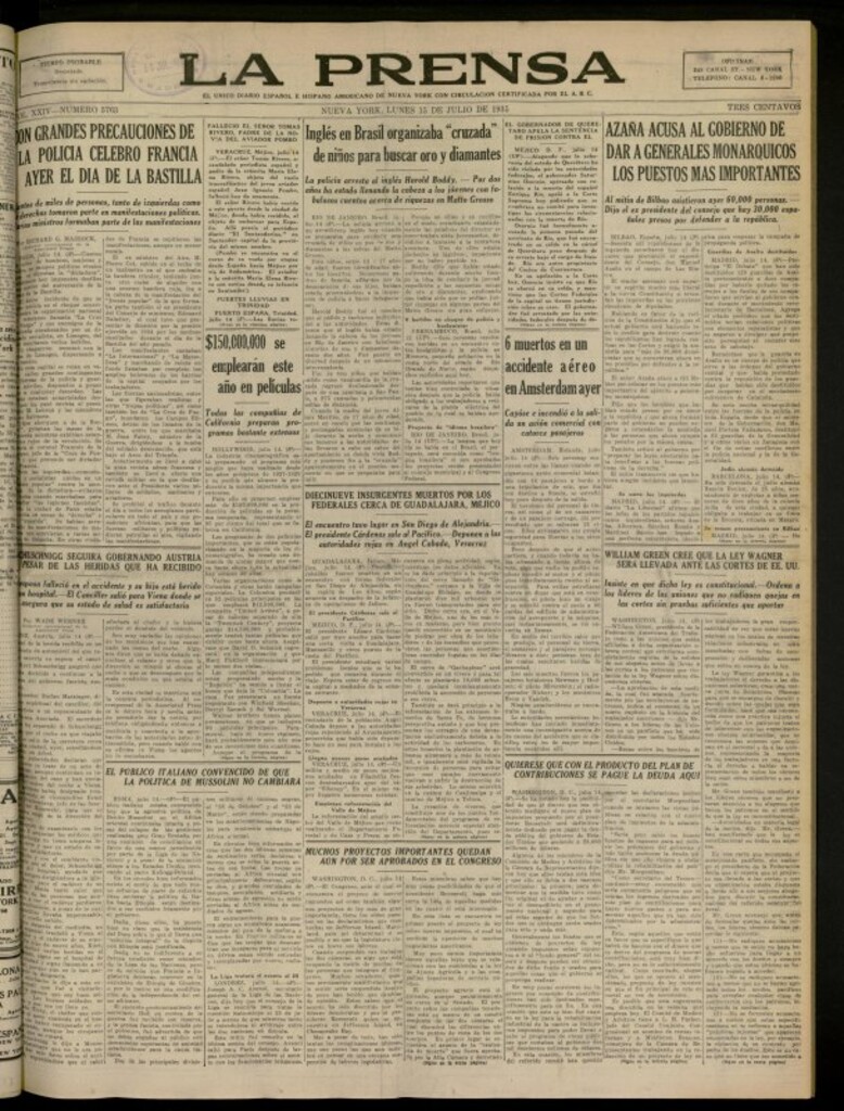 Miniatura de La Prensa: único diario español e hispano americano en Nueva York del 15 de julio de 1935, nº 5763