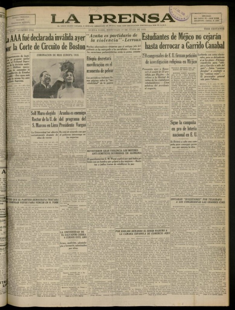 Miniatura de La Prensa: único diario español e hispano americano en Nueva York del 17 de julio de 1935, nº 5765