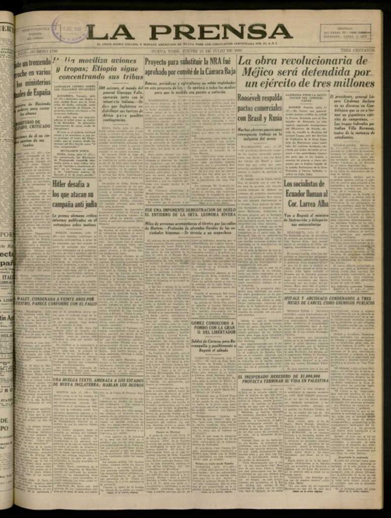 Miniatura de La Prensa: único diario español e hispano americano en Nueva York del 18 de julio de 1935, nº 5766