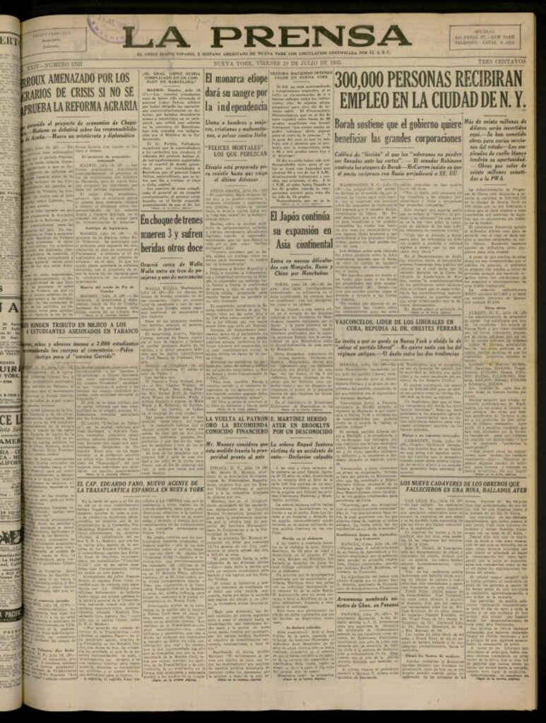 Miniatura de La Prensa: único diario español e hispano americano en Nueva York del 19 de julio de 1935, nº 5767