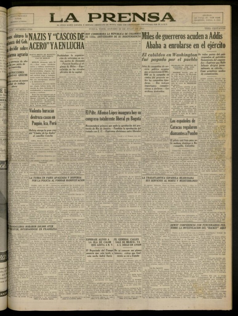 Miniatura de La Prensa: único diario español e hispano americano en Nueva York del 20 de julio de 1935, nº 5768