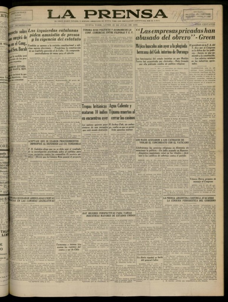 Miniatura de La Prensa: único diario español e hispano americano en Nueva York del 22 de julio de 1935, nº 5769
