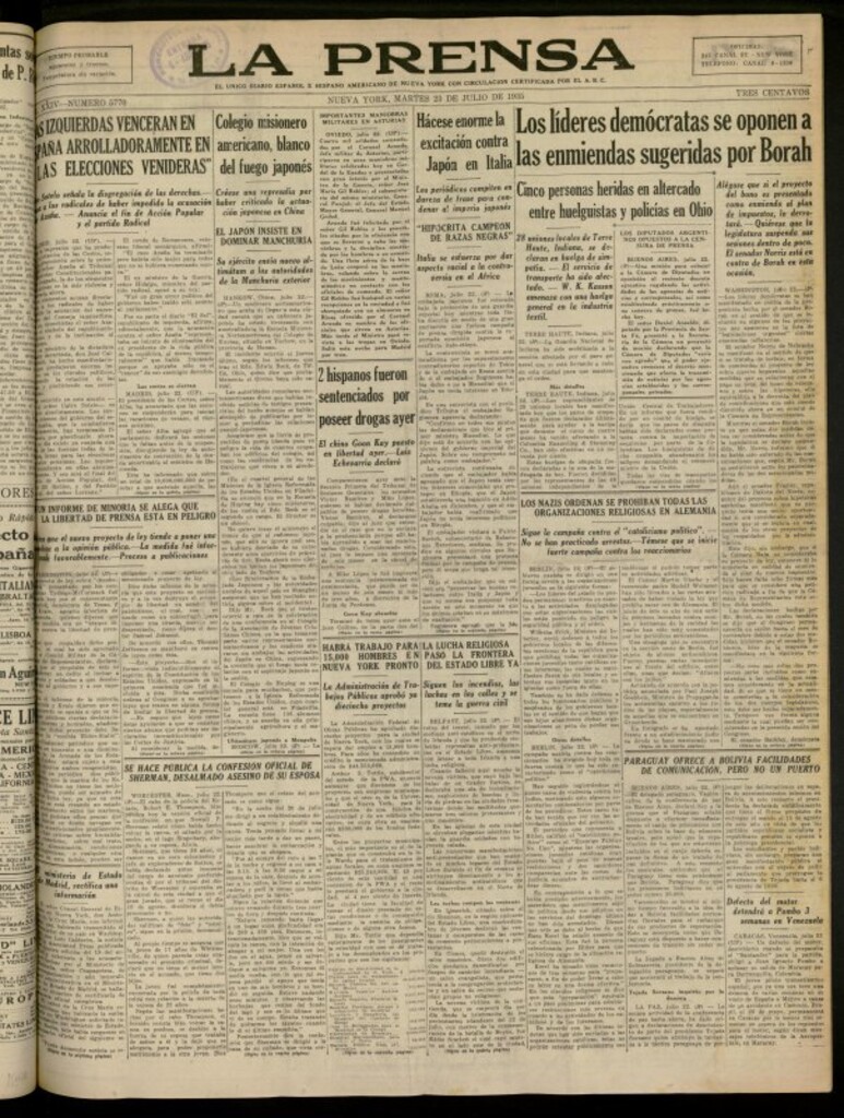 Miniatura de La Prensa: único diario español e hispano americano en Nueva York del 23 de julio de 1935, nº 5770