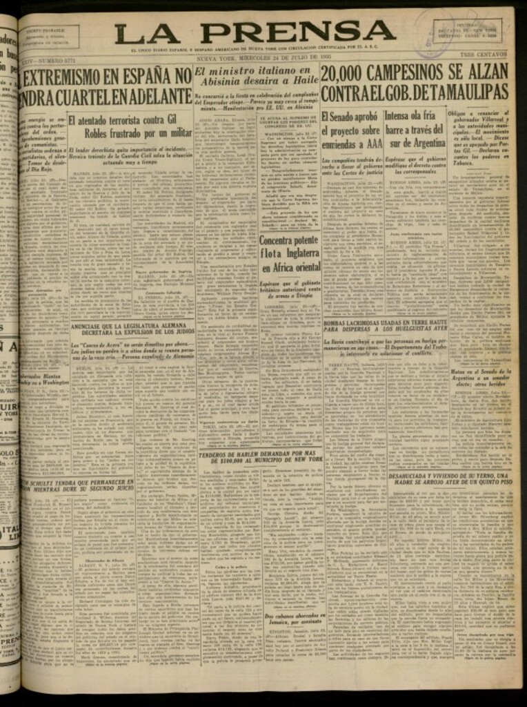 Miniatura de La Prensa: único diario español e hispano americano en Nueva York del 24 de julio de 1935, nº 5771