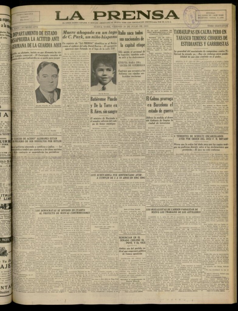 Miniatura de La Prensa: único diario español e hispano americano en Nueva York del 26 de julio de 1935, nº 5773