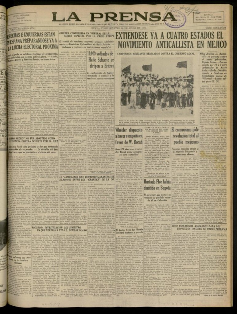 Miniatura de La Prensa: único diario español e hispano americano en Nueva York del 30 de julio de 1935, nº 5776