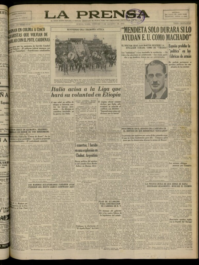 Miniatura de La Prensa: único diario español e hispano americano en Nueva York del 2 de agosto de 1935, nº 5779