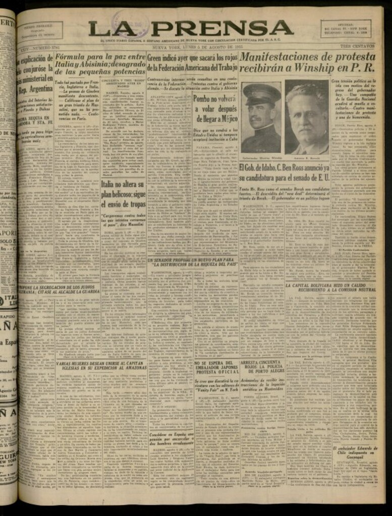 Miniatura de La Prensa: único diario español e hispano americano en Nueva York del 5 de agosto de 1935, nº 5781