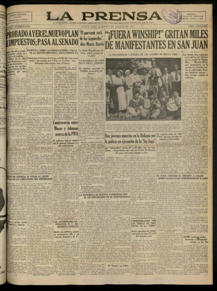 Miniatura de La Prensa: único diario español e hispano americano en Nueva York del 6 de agosto de 1935, nº 5782