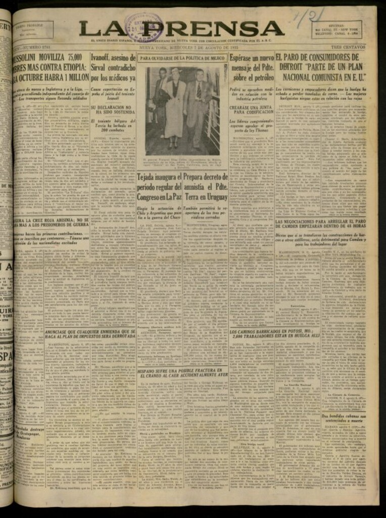 Miniatura de La Prensa: único diario español e hispano americano en Nueva York del 7 de agosto de 1935, nº 5783
