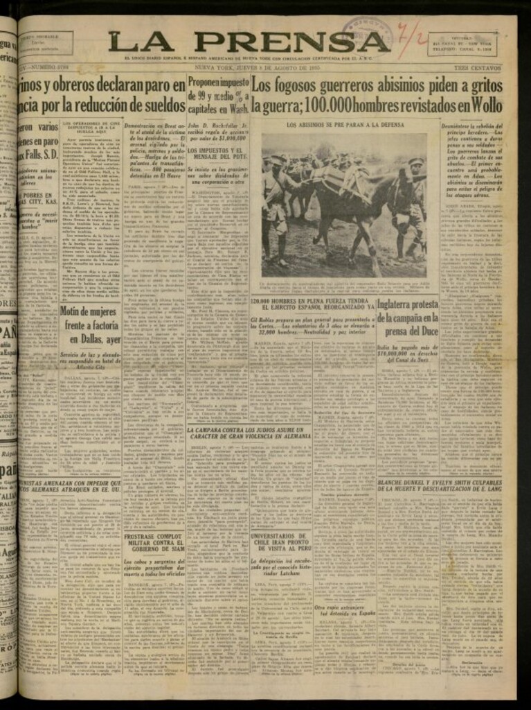 Miniatura de La Prensa: único diario español e hispano americano en Nueva York del 8 de agosto de 1935, nº 5784