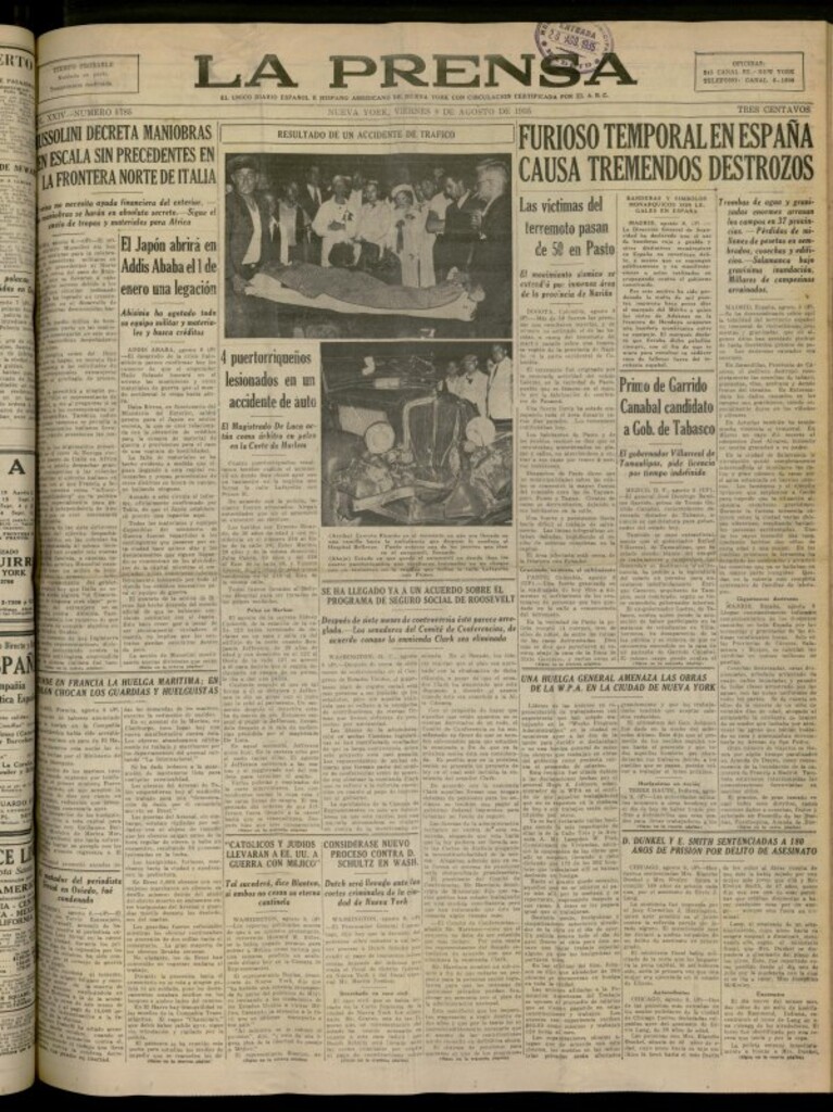 Miniatura de La Prensa: único diario español e hispano americano en Nueva York del 9 de agosto de 1935, nº 5785