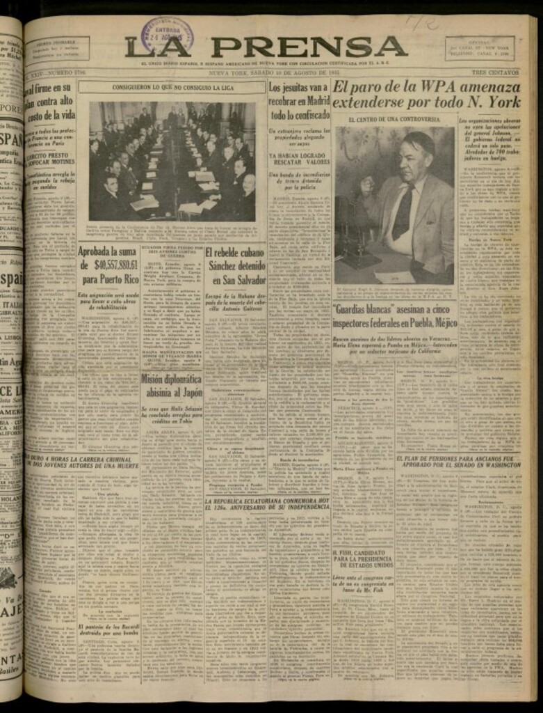 Miniatura de La Prensa: único diario español e hispano americano en Nueva York del 10 de agosto de 1935, nº 5786