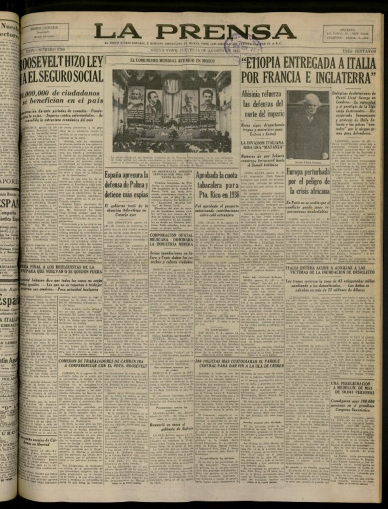 Miniatura de La Prensa: único diario español e hispano americano en Nueva York del 15 de agosto de 1935, nº 5790