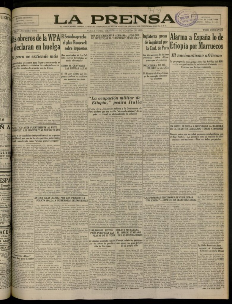 Miniatura de La Prensa: único diario español e hispano americano en Nueva York del 16 de agosto de 1935, nº 5791