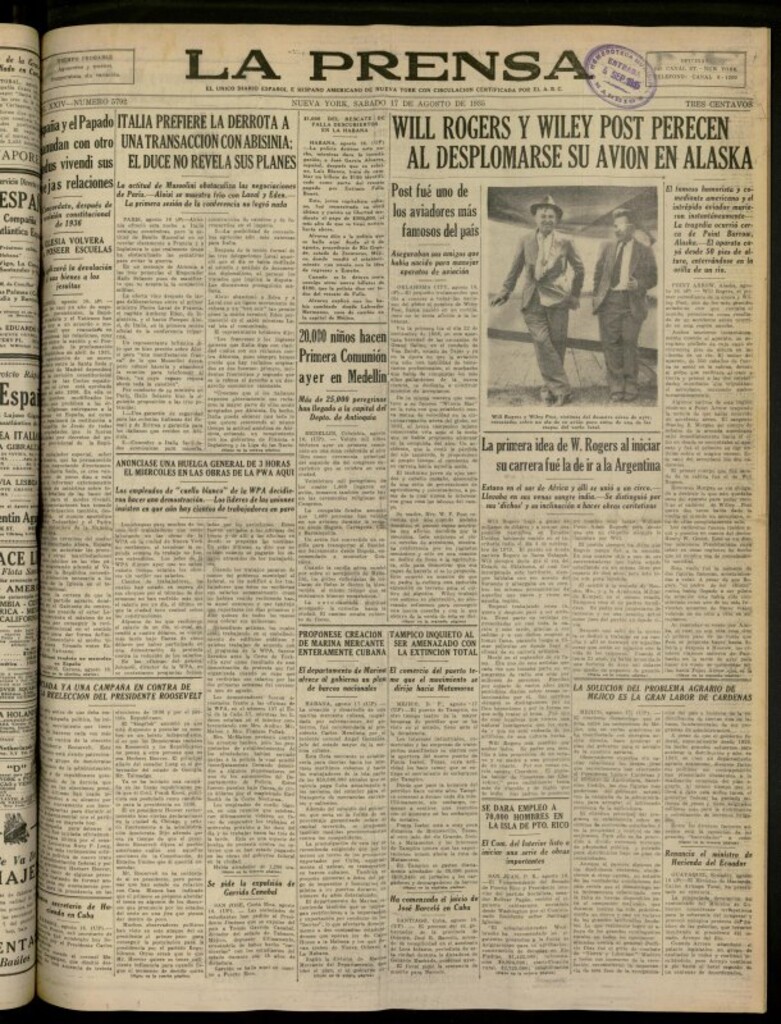 Miniatura de La Prensa: único diario español e hispano americano en Nueva York del 17 de agosto de 1935, nº 5792