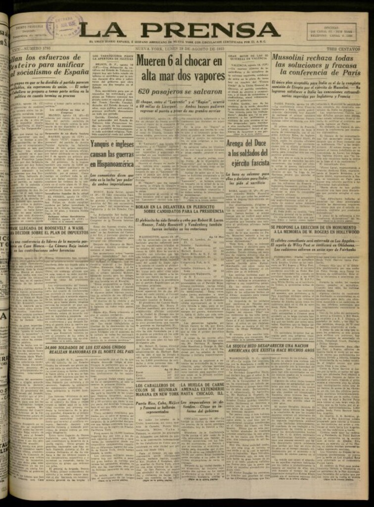 Miniatura de La Prensa: único diario español e hispano americano en Nueva York del 19 de agosto de 1935, nº 5793