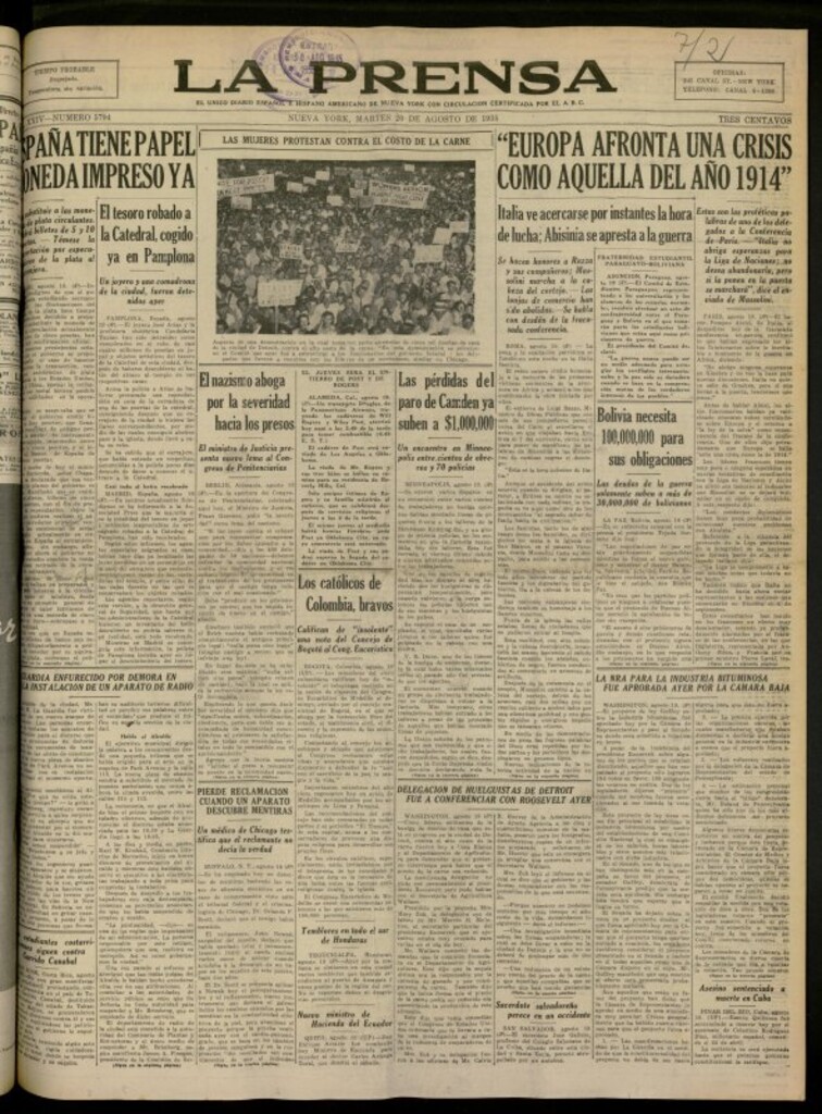 Miniatura de La Prensa: único diario español e hispano americano en Nueva York del 20 de agosto de 1935, nº 5794