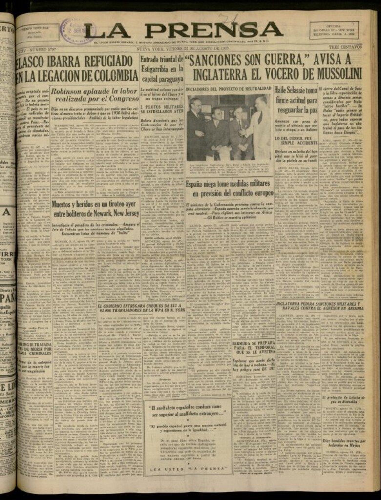 Miniatura de La Prensa: único diario español e hispano americano en Nueva York del 23 de agosto de 1935, nº 5797