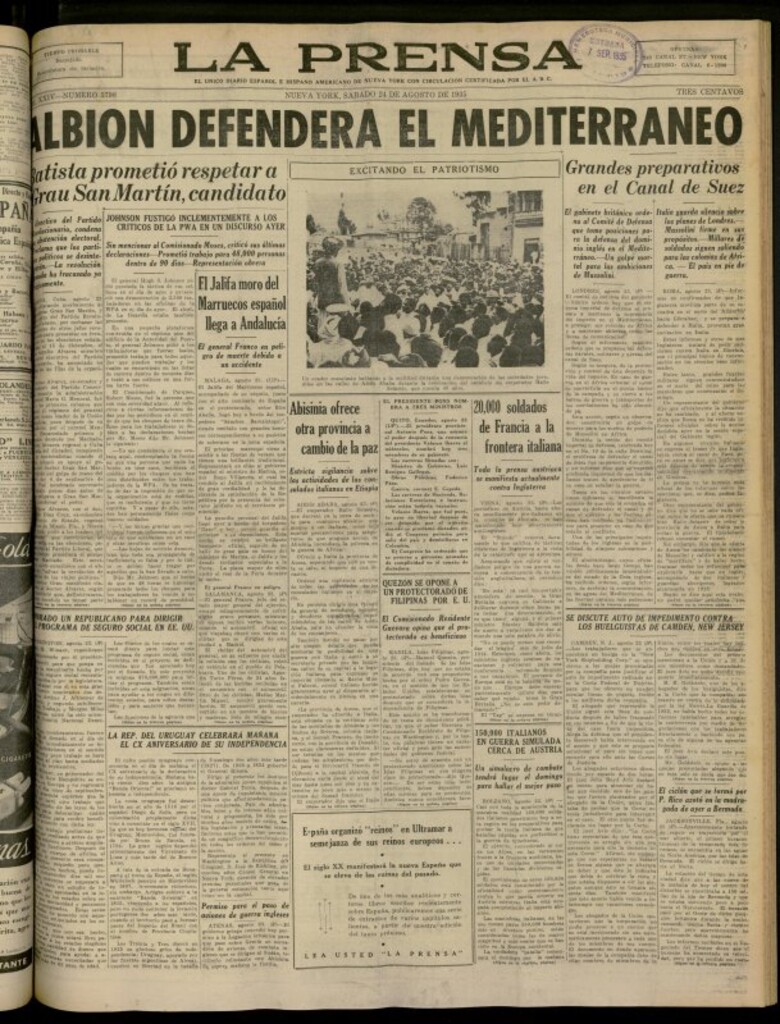 Miniatura de La Prensa: único diario español e hispano americano en Nueva York del 24 de agosto de 1935, nº 5798