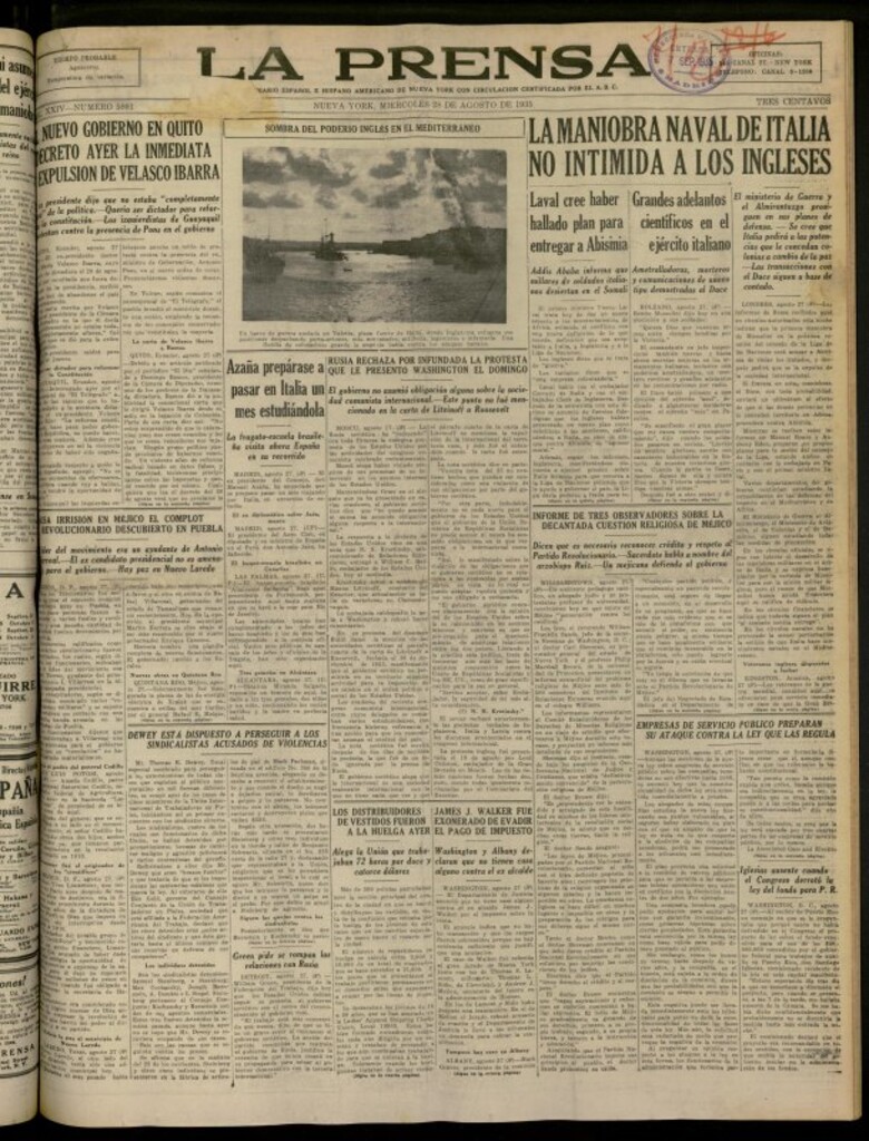Miniatura de La Prensa: único diario español e hispano americano en Nueva York del 28 de agosto de 1935, nº 5801