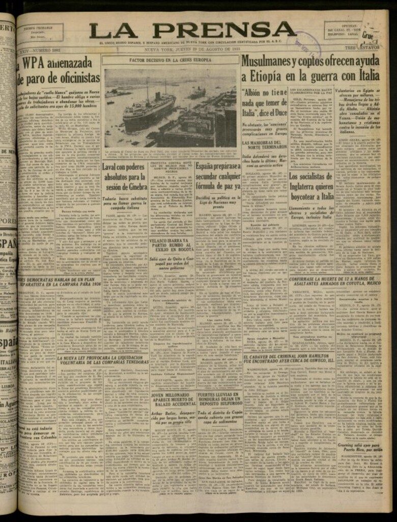 Miniatura de La Prensa: único diario español e hispano americano en Nueva York del 29 de agosto de 1935, nº 5802