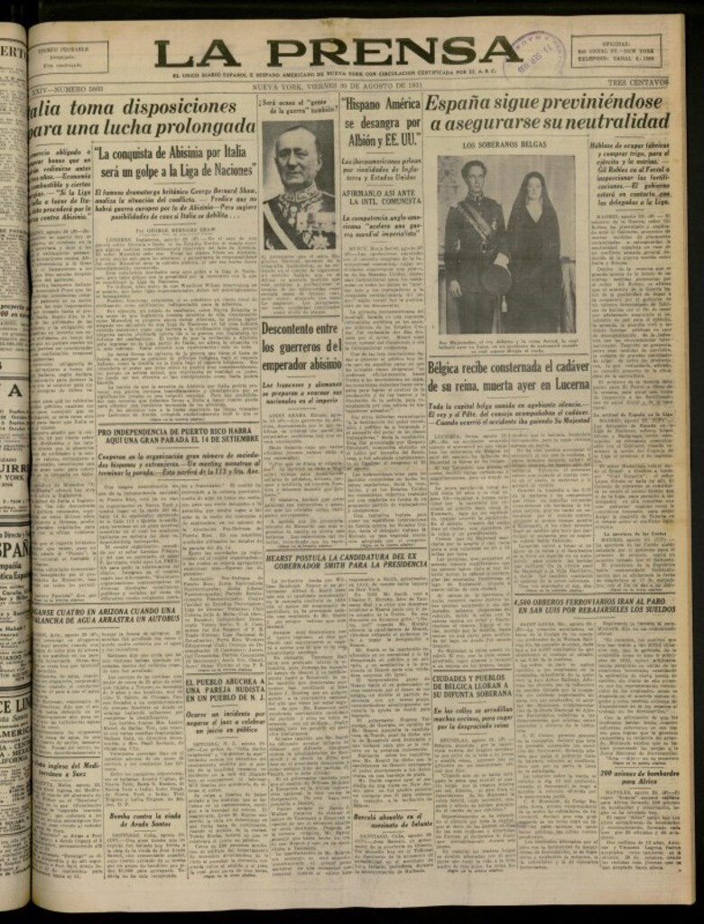 Miniatura de La Prensa: único diario español e hispano americano en Nueva York del 30 de agosto de 1935, nº 5803