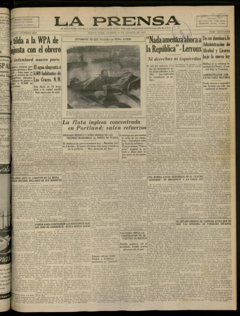 Miniatura de La Prensa: único diario español e hispano americano en Nueva York del 31 de agosto de 1935, nº 5804