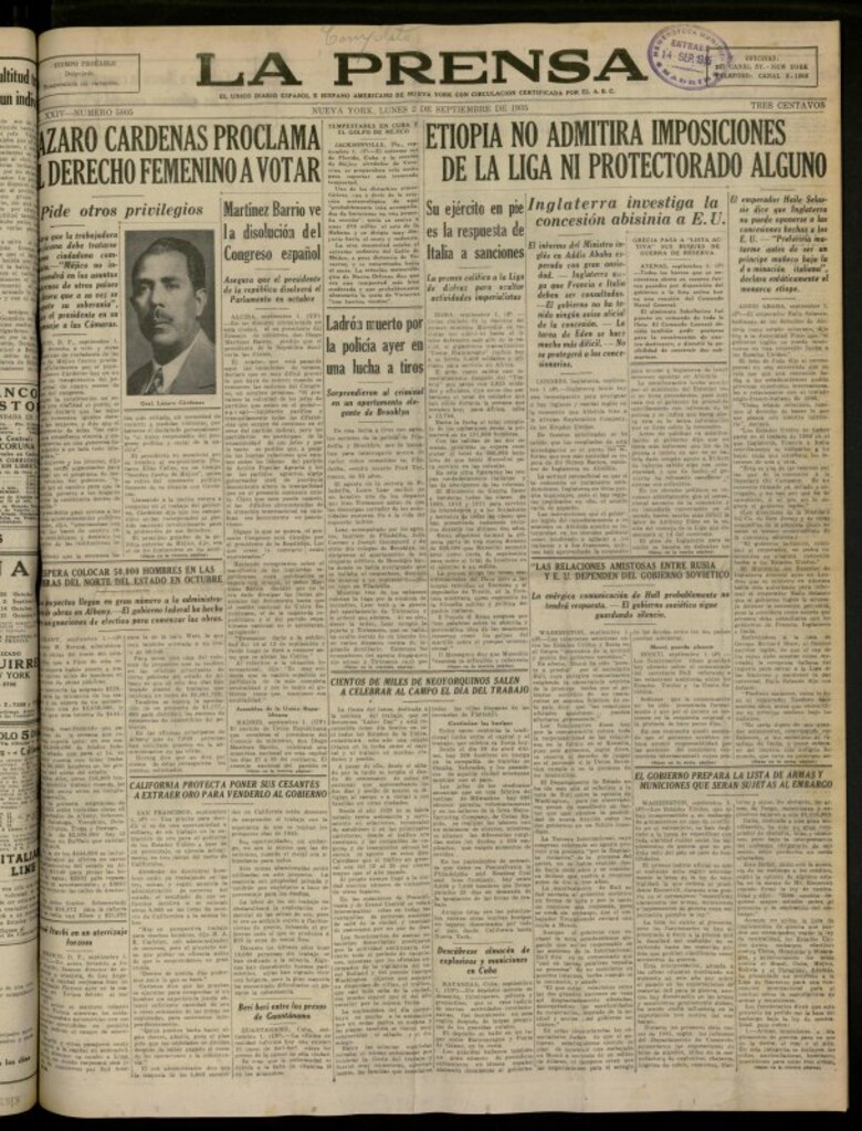 Miniatura de La Prensa: único diario español e hispano americano en Nueva York del 2 de septiembre de 1935, nº 5805