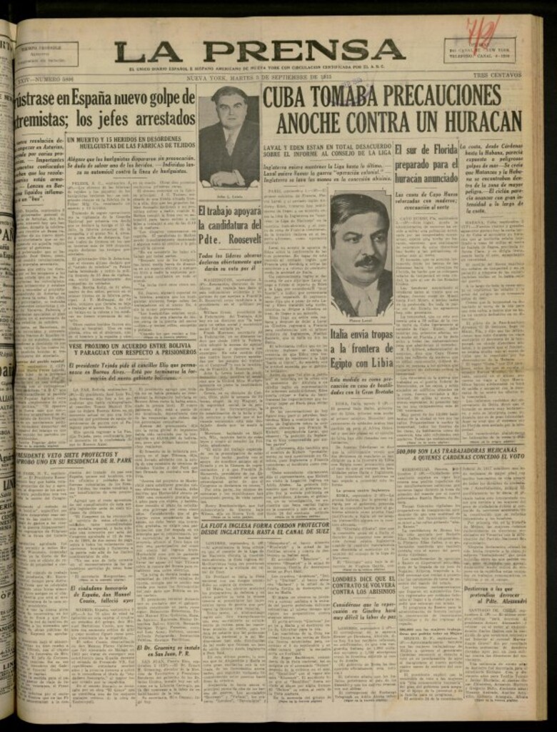 Miniatura de La Prensa: único diario español e hispano americano en Nueva York del 3 de septiembre de 1935, nº 5806