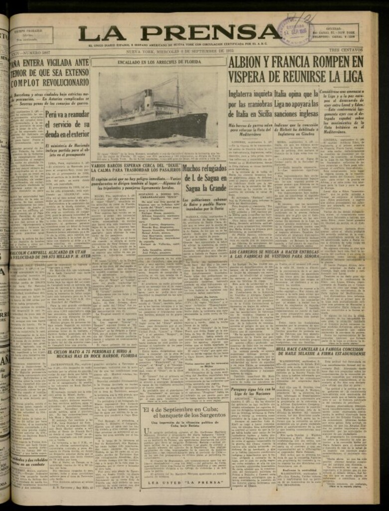 Miniatura de La Prensa: único diario español e hispano americano en Nueva York del 4 de septiembre de 1935, nº 5807