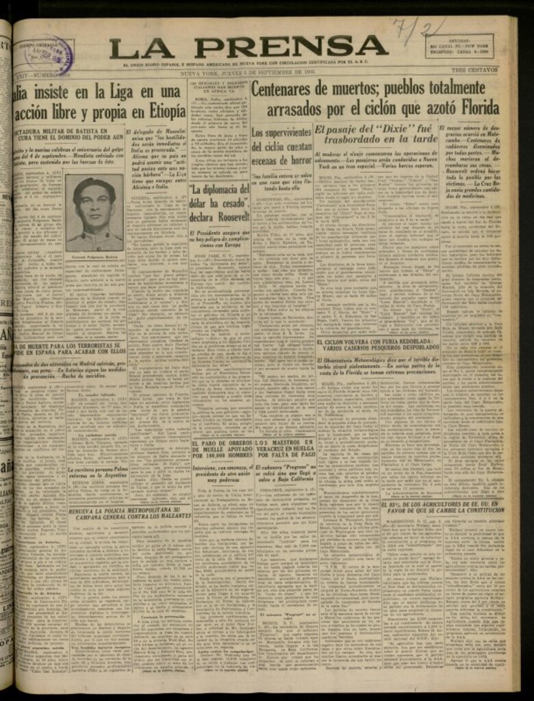 Miniatura de La Prensa: único diario español e hispano americano en Nueva York del 5 de septiembre de 1935, nº 5808