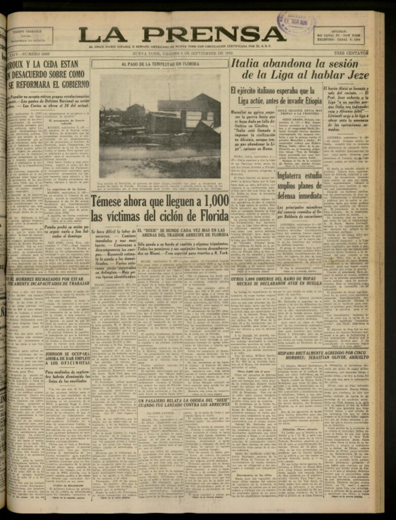 Miniatura de La Prensa: único diario español e hispano americano en Nueva York del 6 de septiembre de 1935, nº 5809