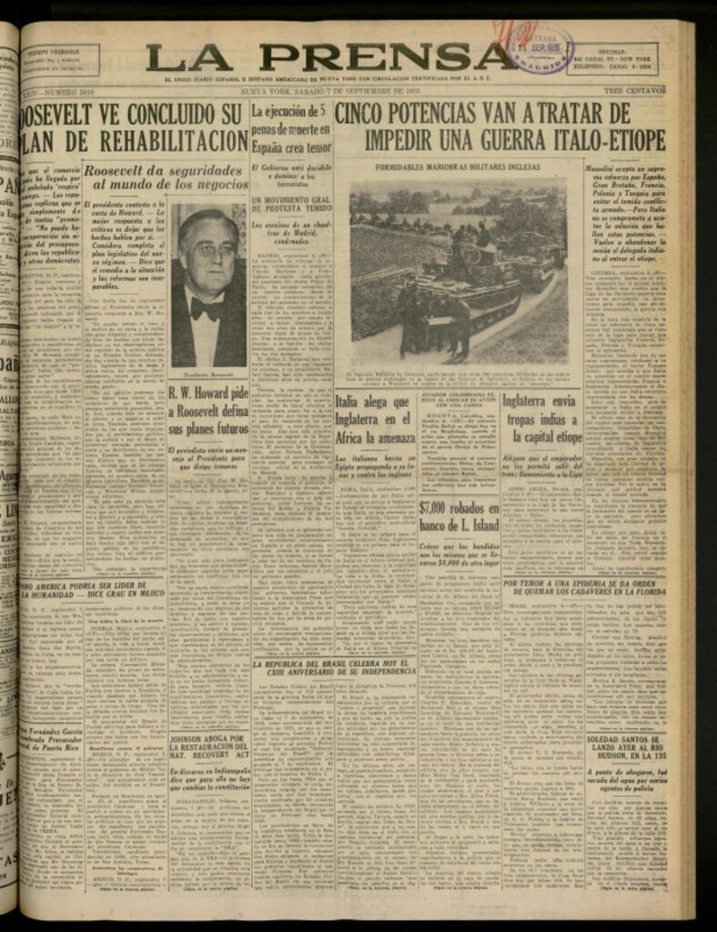 Miniatura de La Prensa: único diario español e hispano americano en Nueva York del 7 de septiembre de 1935, nº 5810