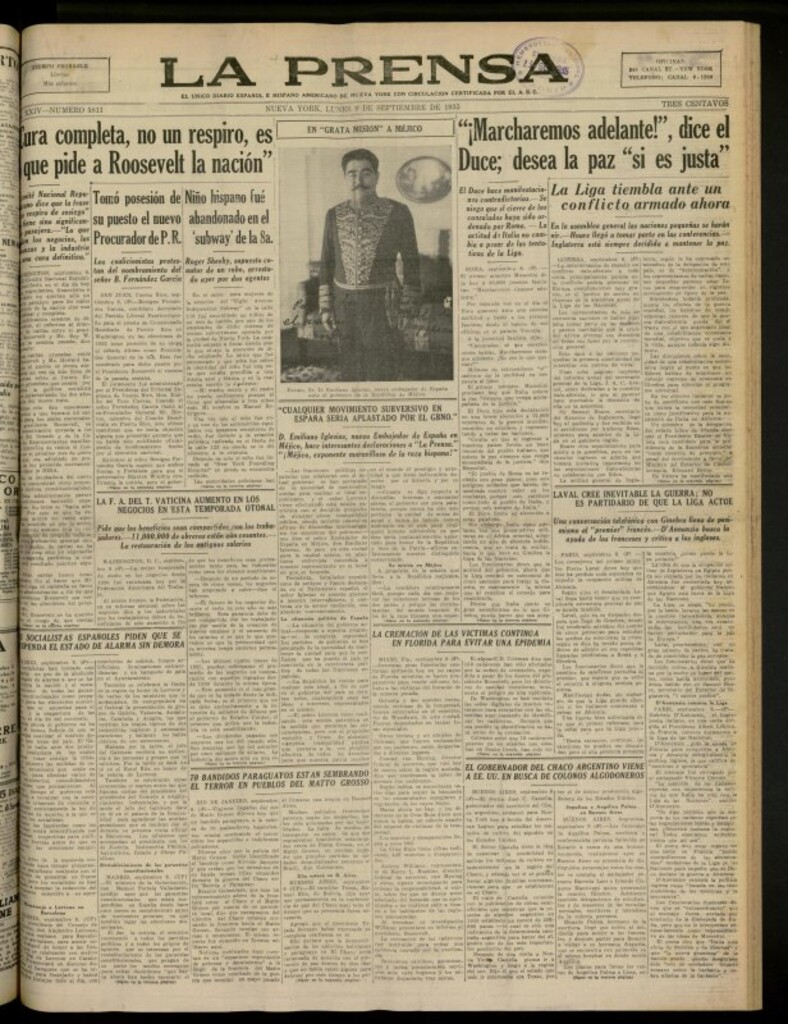 Miniatura de La Prensa: único diario español e hispano americano en Nueva York del 9 de septiembre de 1935, nº 5811