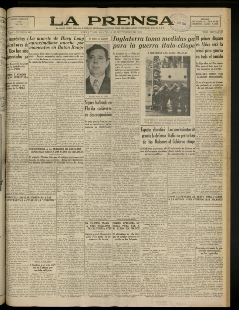 Miniatura de La Prensa: único diario español e hispano americano en Nueva York del 10 de septiembre de 1935, nº 5812